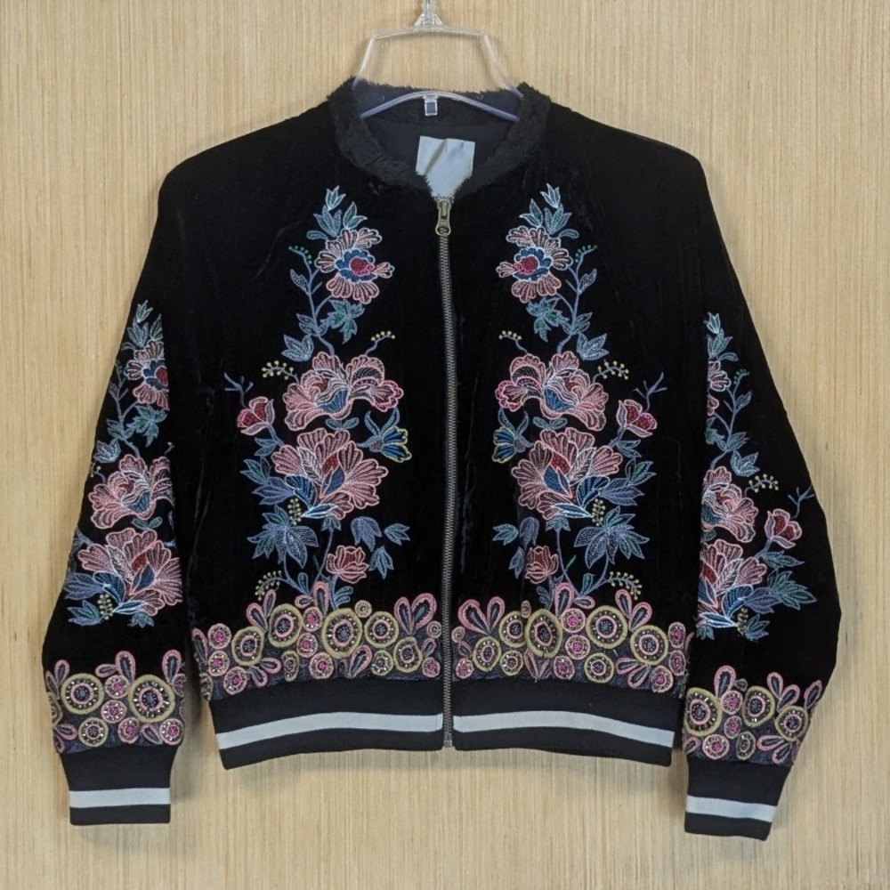 Anthropologie Elevenses Black Velvet Floral Embroidered Bomber Jacket Womens XSP
